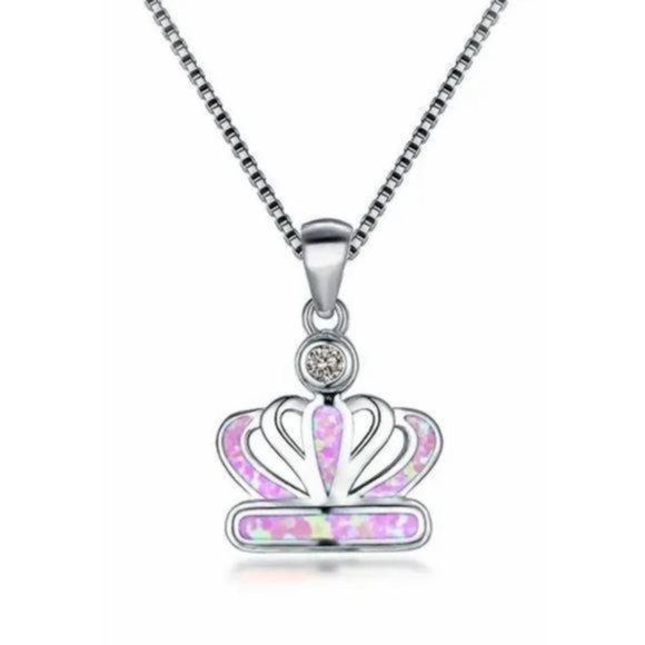 PINK OPAL WHITE SAPPHIRE ON SILVER CROWN NECKLACE - Picture 1 of 7